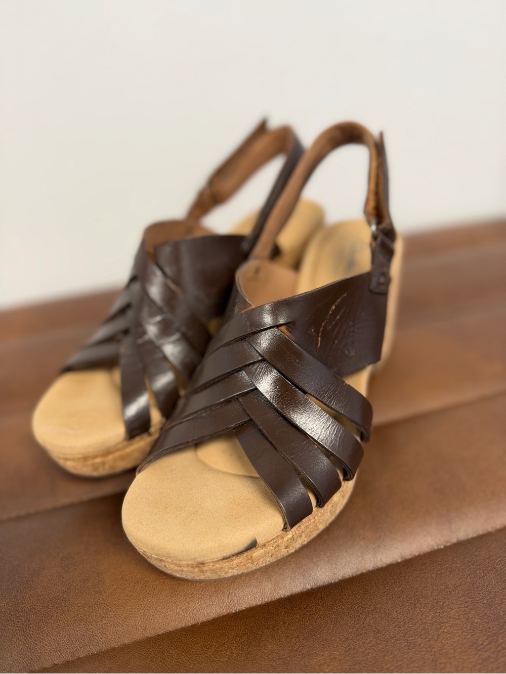 Clarks Brown Leather Slingback Wedge Sandals